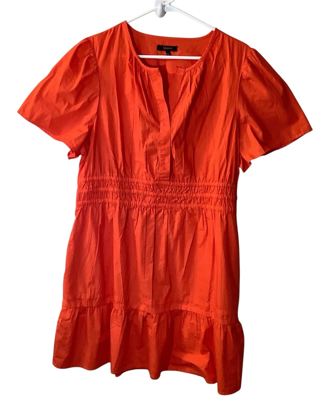 Quince Bright Orange Cotton Short-Sleeve Dress with Ruffle Hem